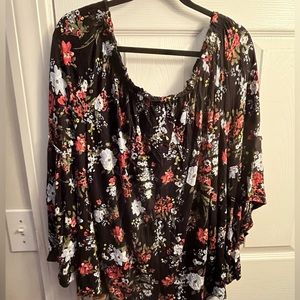 Black blouse with flowers and bell sleeves